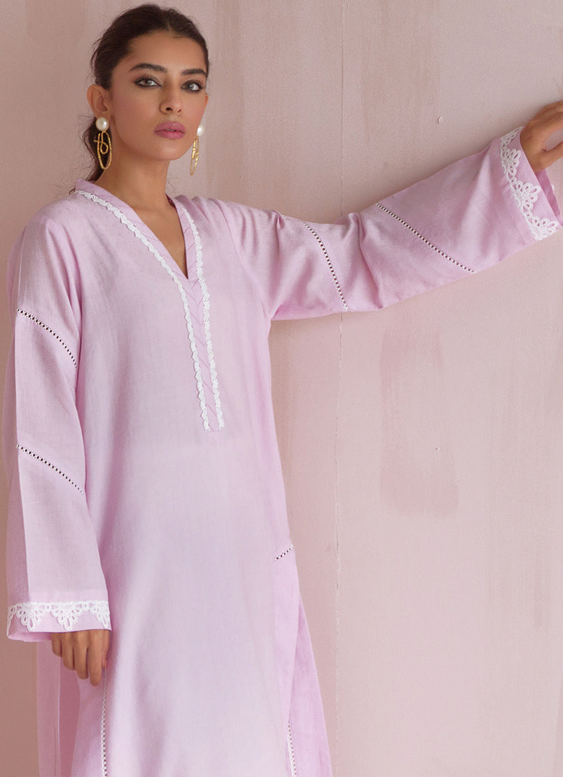 Blush-Lilac Dobby Lace Kurta - Solid