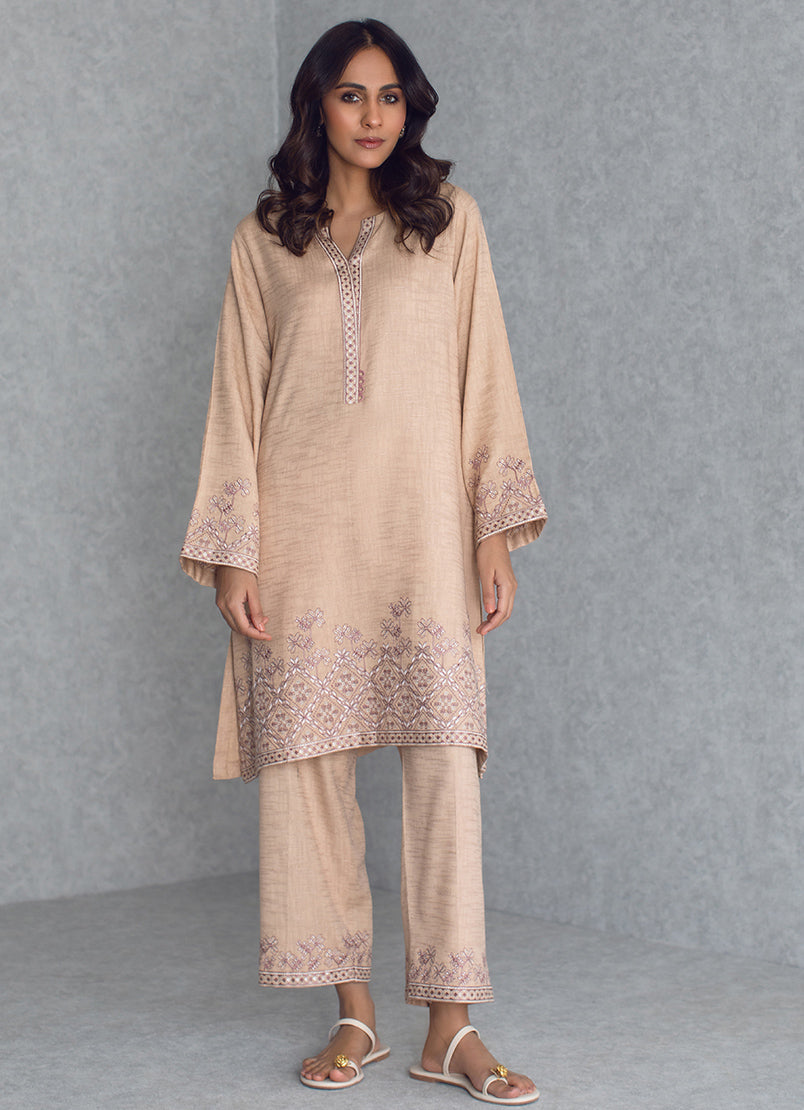 Beige Cotton Dobby Viscose Embroidered CO-ORD Set