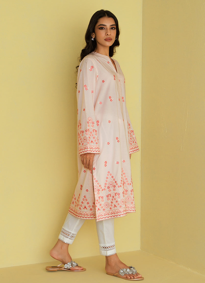 Peachy Pink Embroidered Kurta - Embroidered