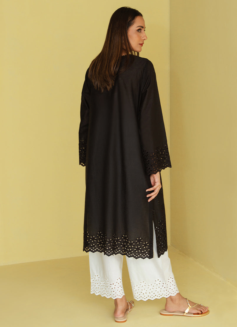 Black Schiffli Embroidered Kurta - Embroidered