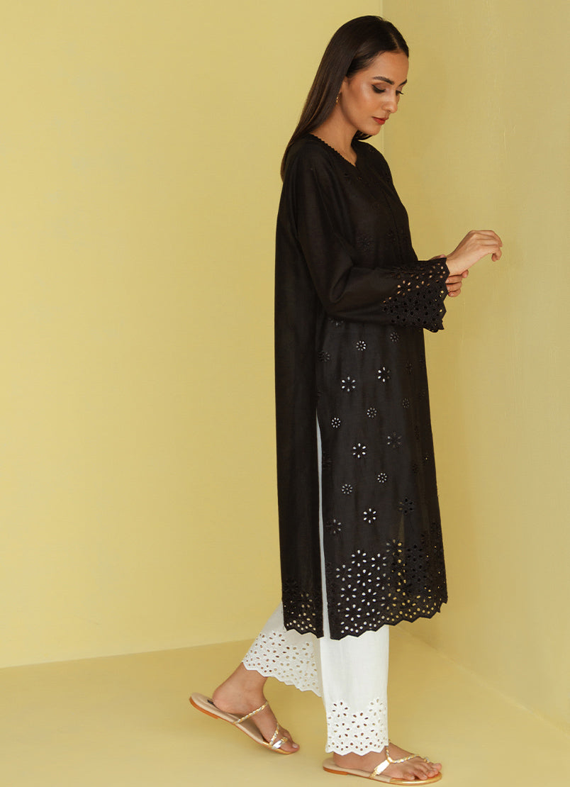 Black Schiffli Embroidered Kurta - Embroidered