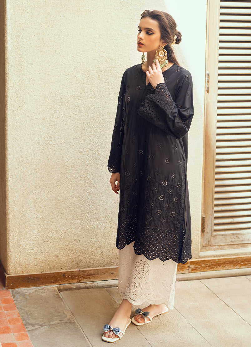 Black Schiffli Embroidered  Kurta - Embroidered