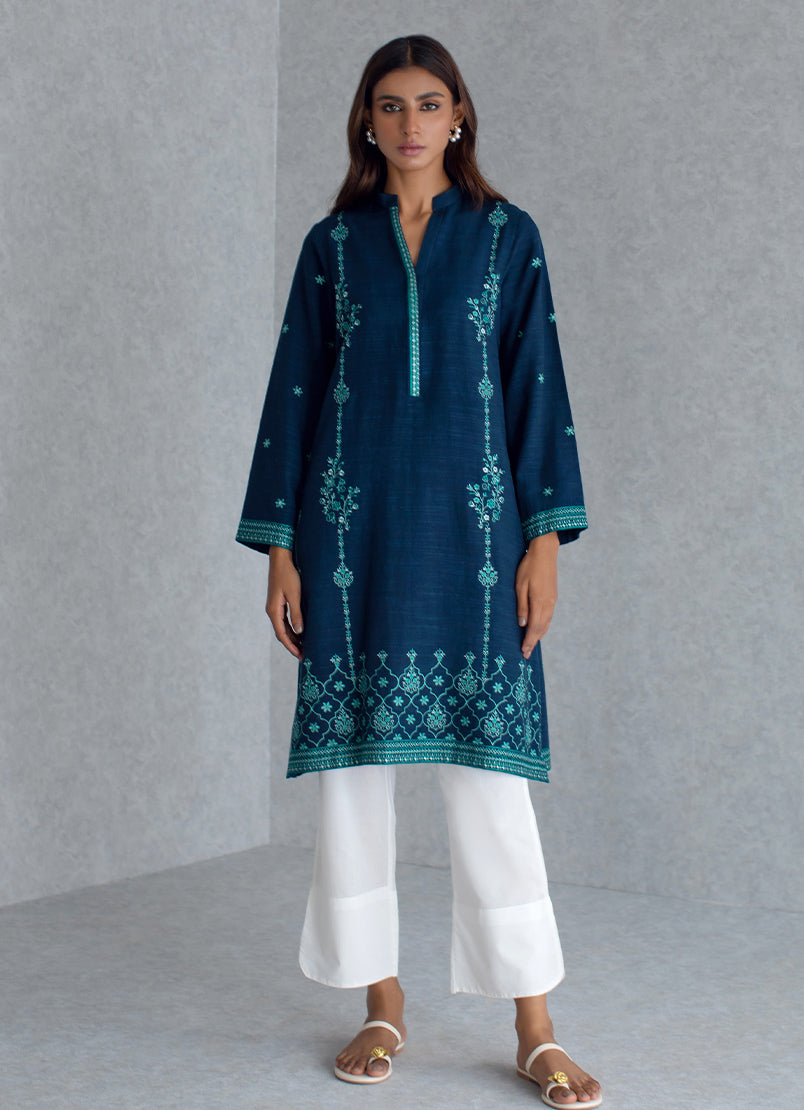 Navy Blue Khaddar Embroidered Kurta