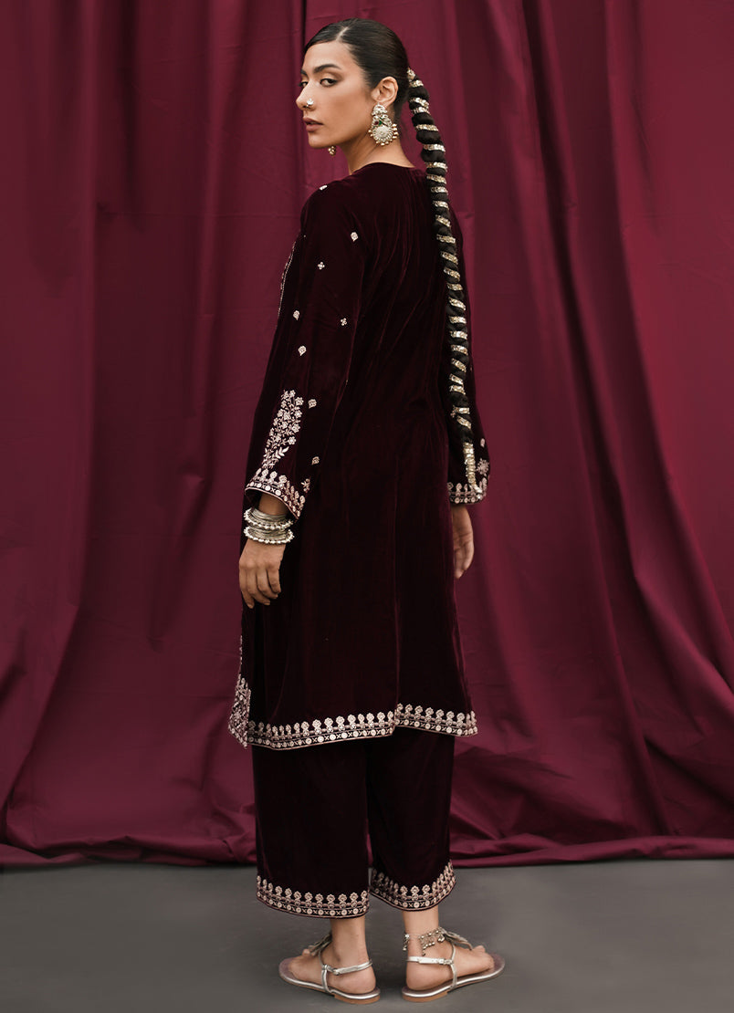 Maroon Velvet Embroidered  CO-ORD Set