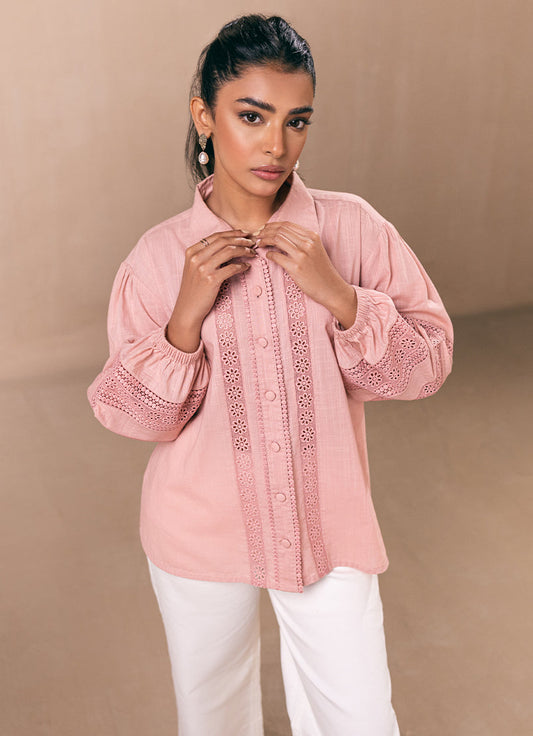 Peach Lace Button Down Top