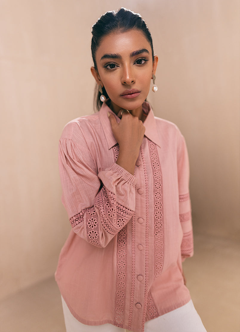 Peach Lace Button Down Top